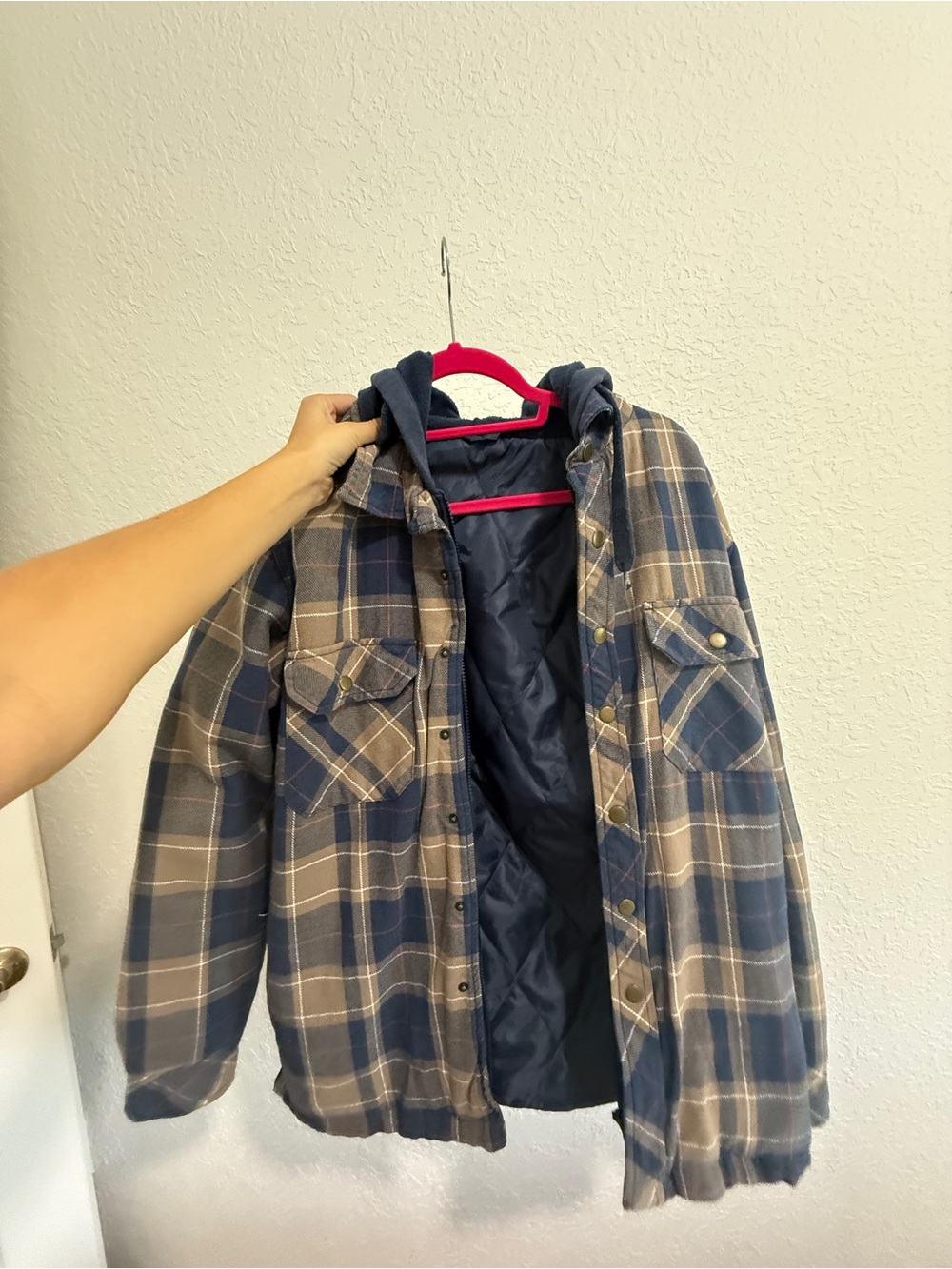Men's Lightweight Plaid Shirt Jacket with Hood in Navy and Brown